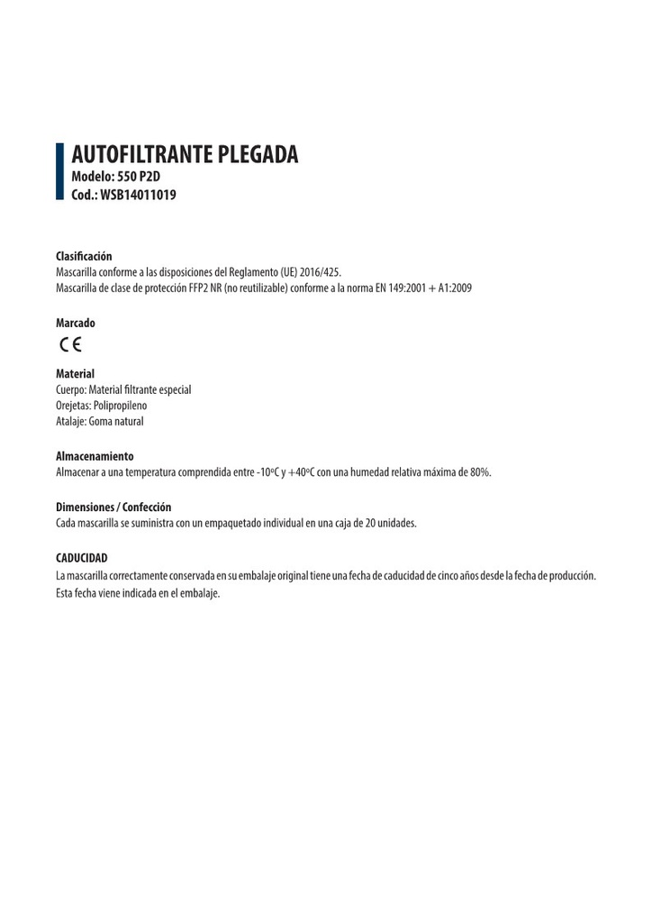 MASCARILLA FFP2 HOMOLOGADA CE(20Unidades)