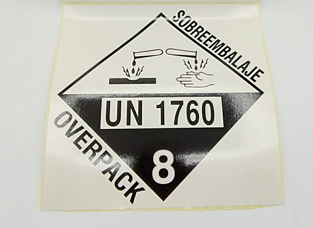 ETIQUETA BOBINA 150X150 MM CLASE 8+  UN 1760+ SOBREEMBALAJE/OVERPACK