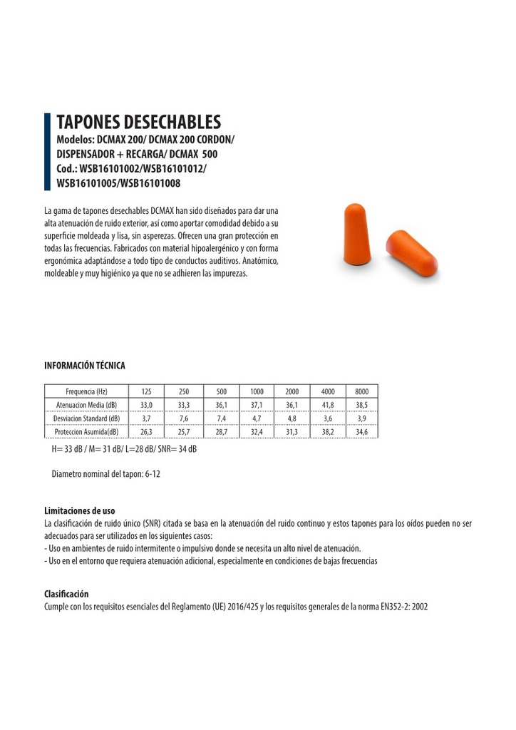 Caja Dispensadora Tapones Desechables Protección 34 dB DCMAX 200 Pares