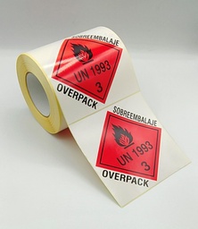 ETIQUETA BOBINA 150X150 MM CLASE 3 +UN 1993+SOBREEMBALAJE/OVERPACK